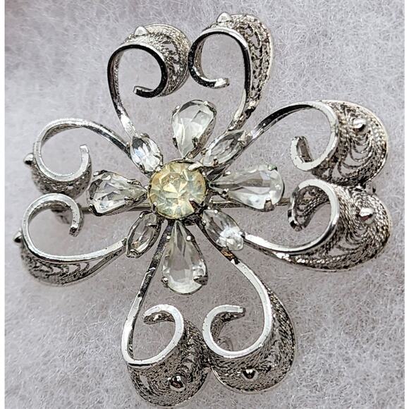 BROOCH/PIN-AM LEE-Vintage-Filigree-Sterling-Rhinestones - Picture 4 of 12